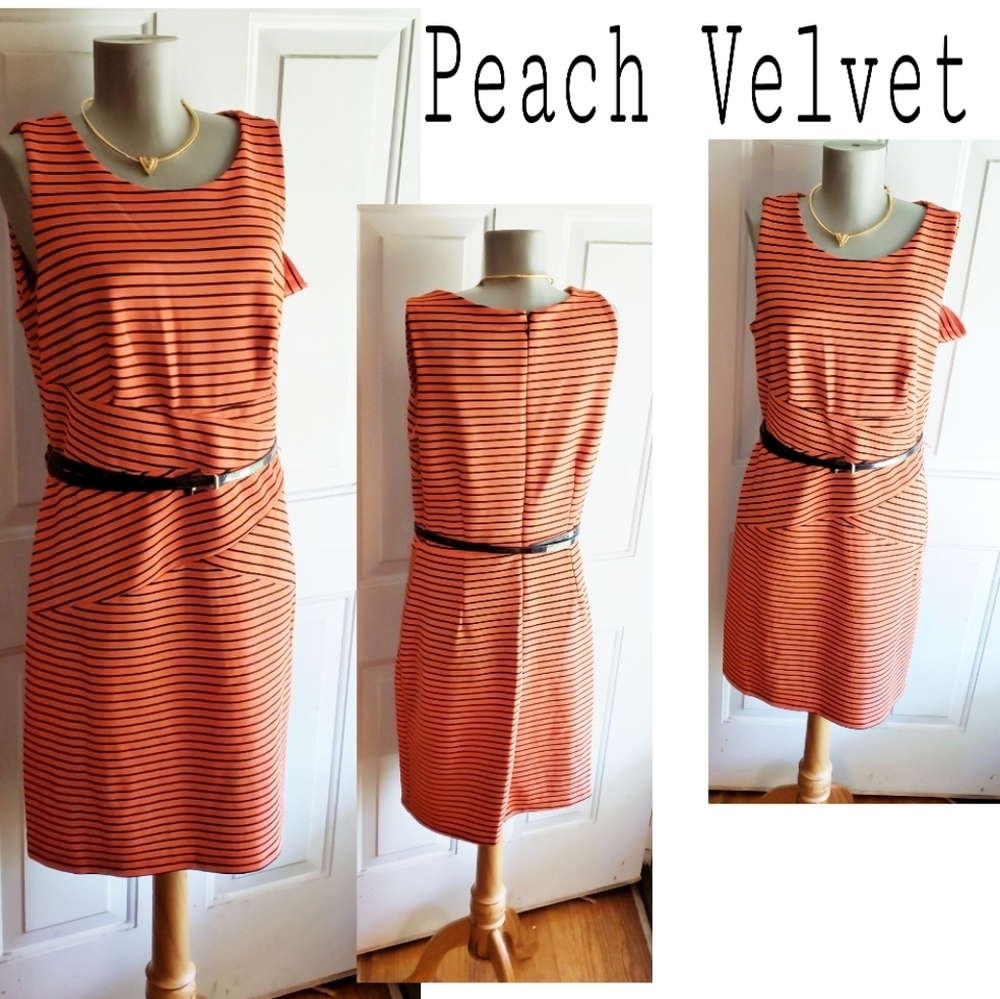 Peach Velvet striped sheath belted dress. Sz 10